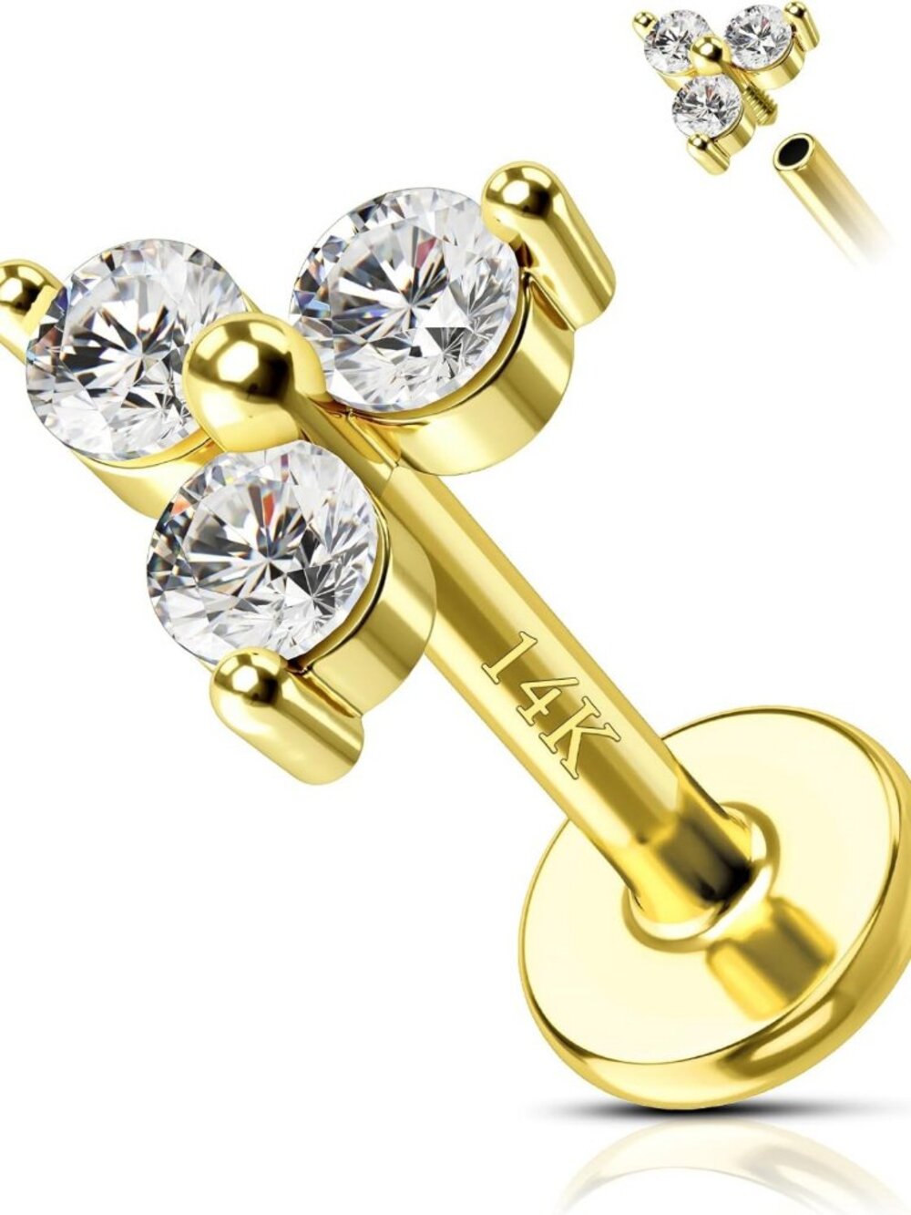 14K Gold Helix Cartilage Earring Stud - Flat Back Triple CZ Tragus Jewelry